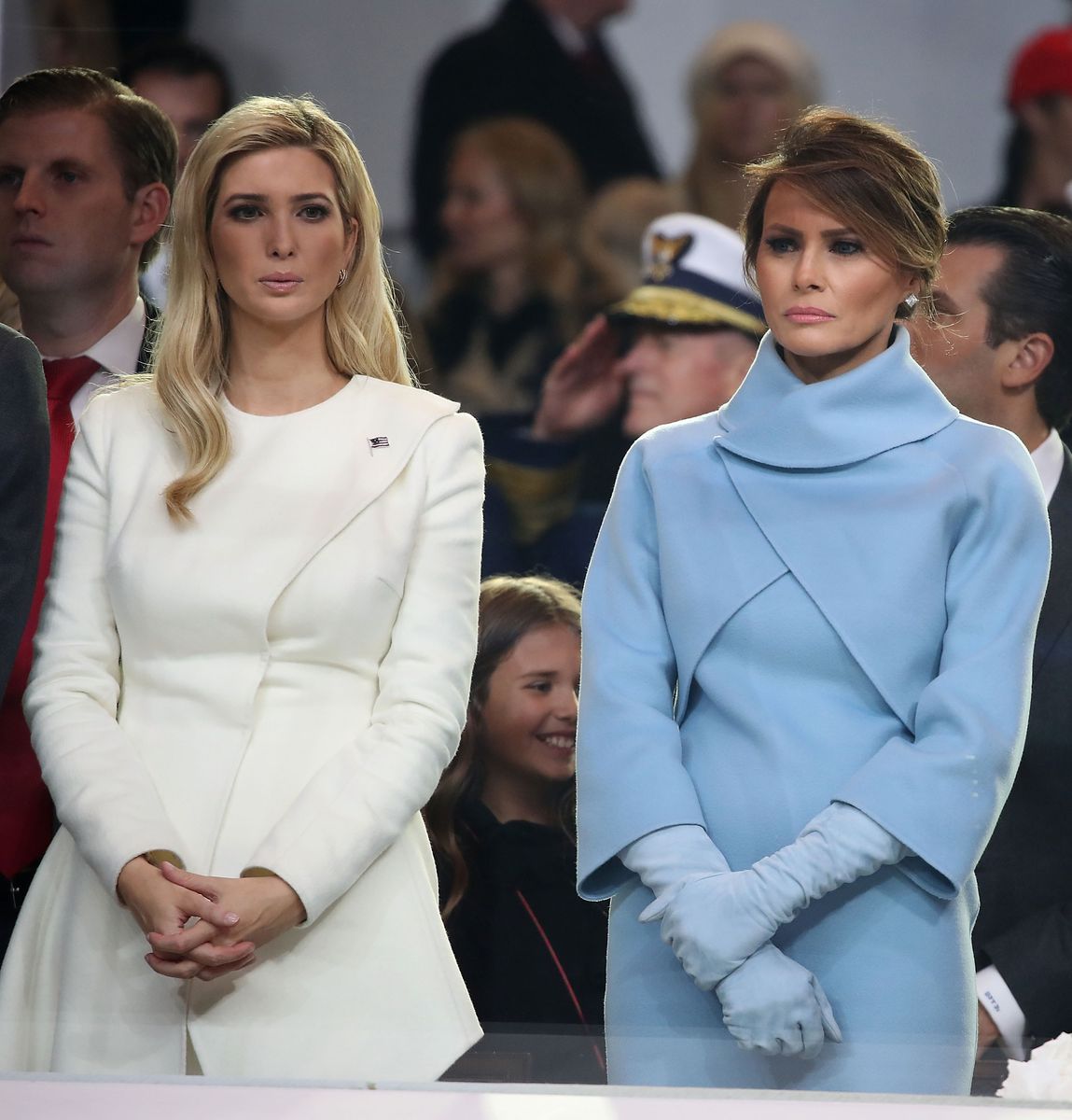 First lady Melania Trump stands with Ivanka Trump in front of the White House on January 20, 2017 in Washington, DC.