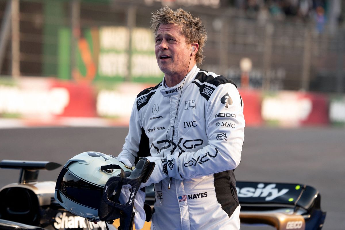 US actor Brad Pitt performs during the recording of a scene for his new film "F1" directed by Joseph Kosinski during the Formula One Mexico City Grand Prix at the Hermanos Rodriguez racetrack in Mexico City on October 26, 2024. (Photo by LEXIE HARRISON-CRIPPS / AFP) (Photo by LEXIE HARRISON-CRIPPS/AFP via Getty Images)