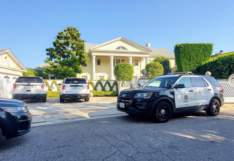 Exterior view of police vehicles outside Richard Simmons's house in Beverly Hills on July 13 in Los Angeles.