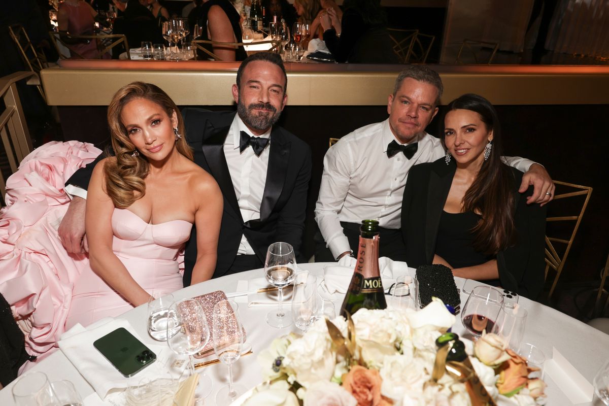 Jennifer Lopez, Ben Affleck, Matt Damon, and Luciana Damon at the 81st Annual Golden Globe Awards, airing live from the Beverly Hilton in Beverly Hills, California, on Sunday, January 7, 2024, at 8 PM ET/5 PM PT, on CBS and streaming on Paramount+. Photo: Todd Williamson/CBS via Getty Images)