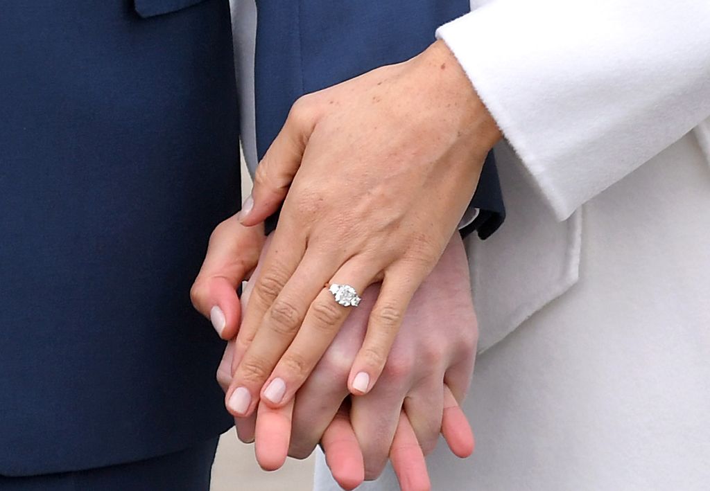 LONDON, ENGLAND - NOVEMBER 27:  Prince Harry and Meghan Markle, ring detail, attend an official photocall to announce the engagement of Prince Harry and actress Meghan Markle at The Sunken Gardens at Kensington Palace on November 27, 2017 in London, England.  Prince Harry and Meghan Markle have been a couple officially since November 2016 and are due to marry in Spring 2018.  (Photo by Karwai Tang/WireImage)