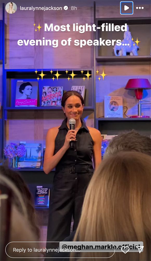 Meghan Markle giving a speech at Godmothers bookstore in Summerland