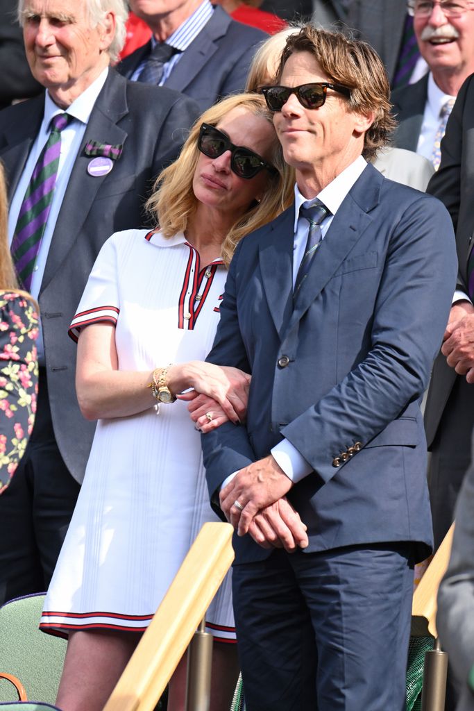 Julia Roberts and Daniel Moder court-side of Centre Court during the men's final on day fourteen of the Wimbledon Tennis Championships at the All England Lawn Tennis and Croquet Club on July 14, 2024 in London, England.