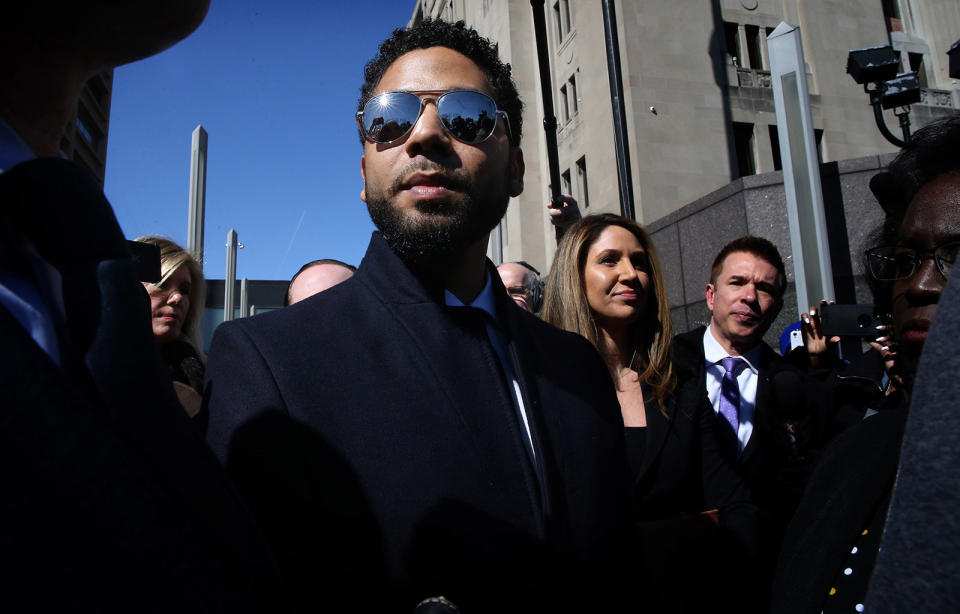 Smollett leaving the Leighton Criminal Court building after the charges against him were dropped on March 26, 2019.