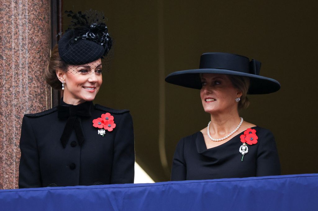 The Princess of Wales and the Duchess of Edinburgh look on from a balcony during the annual Service Of Remembrance