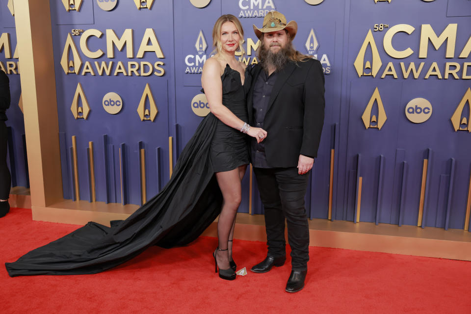 NASHVILLE, TENNESSEE - NOVEMBER 20: EDITORIAL USE ONLY (L-R) Morgane Stapleton and Chris Stapleton attend The 58th Annual CMA Awards at Music City Center on November 20, 2024 in Nashville, Tennessee. (Photo by Jason Kempin/Getty Images)