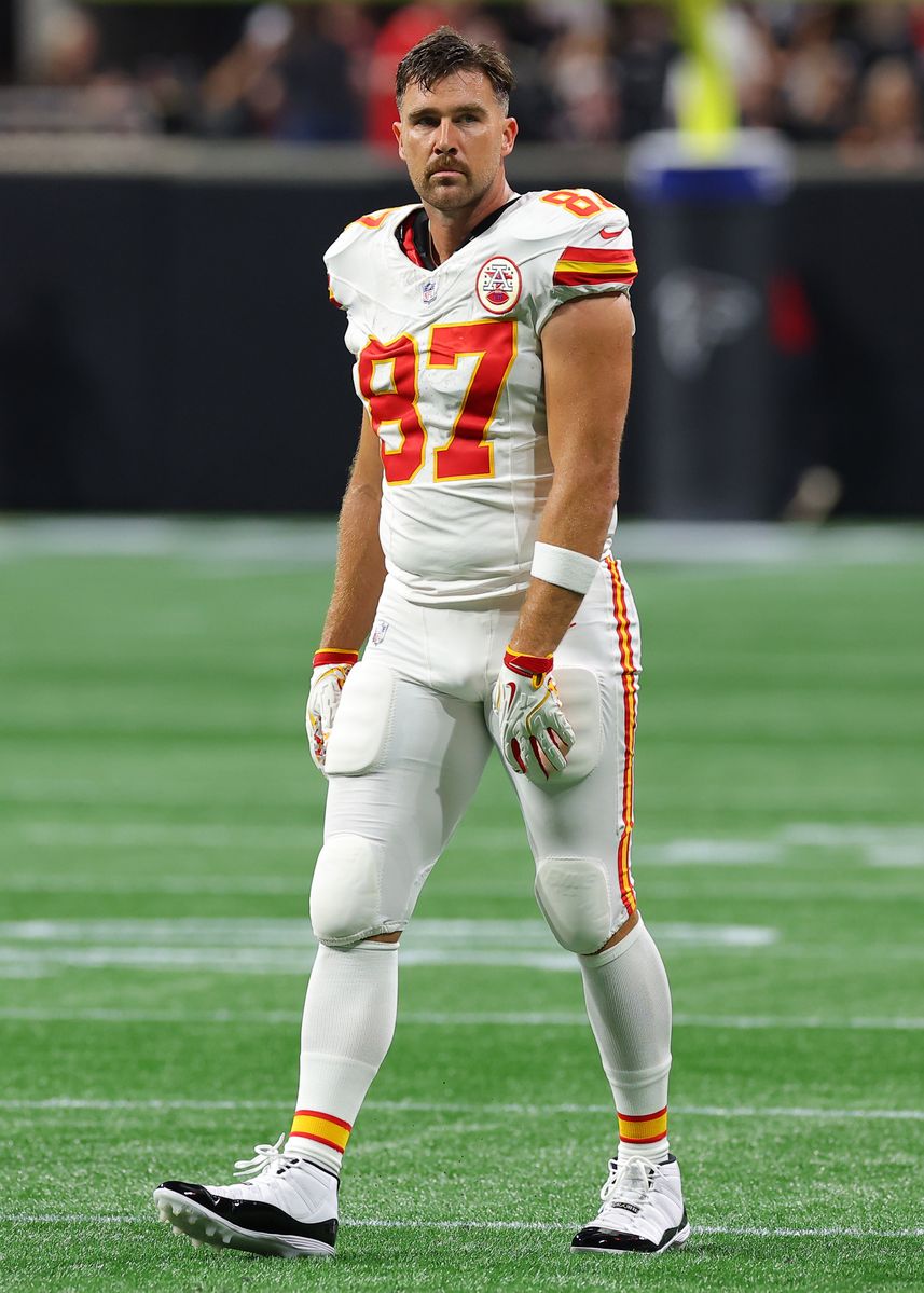 Travis Kelce looks on before the game against the Atlanta Falcons at Mercedes-Benz Stadium on September 22, 2024 