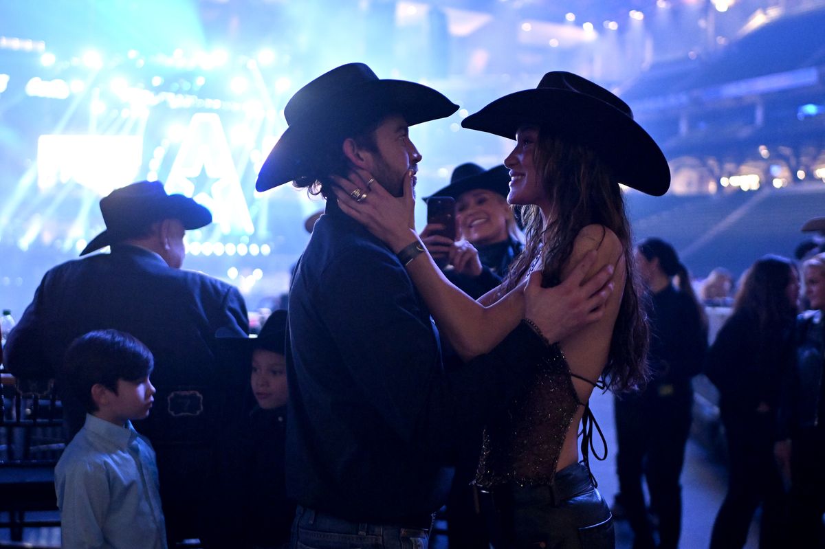  Adan Banuelos and Bella Hadid attend The American Performance Horseman on March 08, 2024, in Arlington, Texas. 