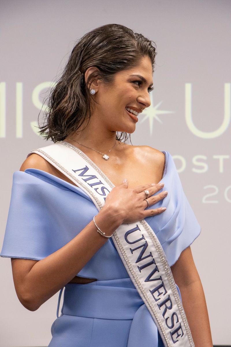 Miss Universe Sheynnis Palacios smiles during a press conference at AC Marriot San Jose on September 9, 2024 in San Jose, Costa Rica. (Photo by Manuel Arnoldo Robert Batalla/Getty Images)