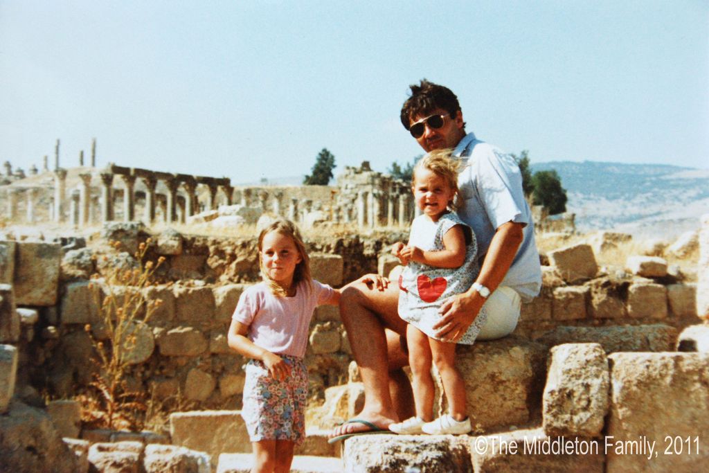 Kate Middleton had golden blonde hair at aged four with her father Michael and sister Pippa in Jerash, Jordan
