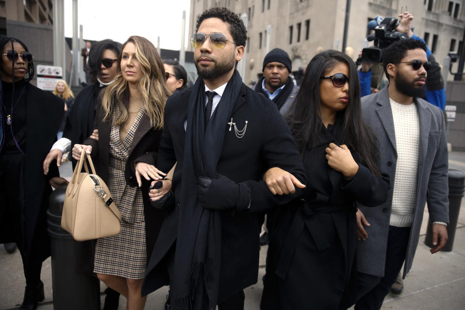 Smollett leaving Leighton Criminal Courthouse on Feb. 24, 2020, after pleading not guilty to charges of disorderly conduct in a new criminal case.