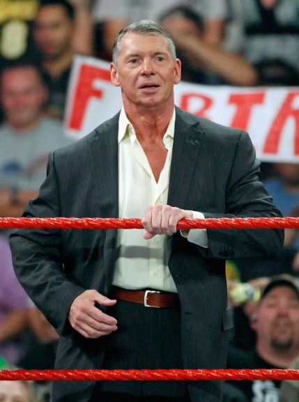 LAS VEGAS - AUGUST 24:  World Wrestling Entertainment Inc. Chairman Vince McMahon appears in the ring during the WWE Monday Night Raw show at the Thomas & Mack Center August 24, 2009 in Las Vegas, Nevada.  (Photo by Ethan Miller/Getty Images)