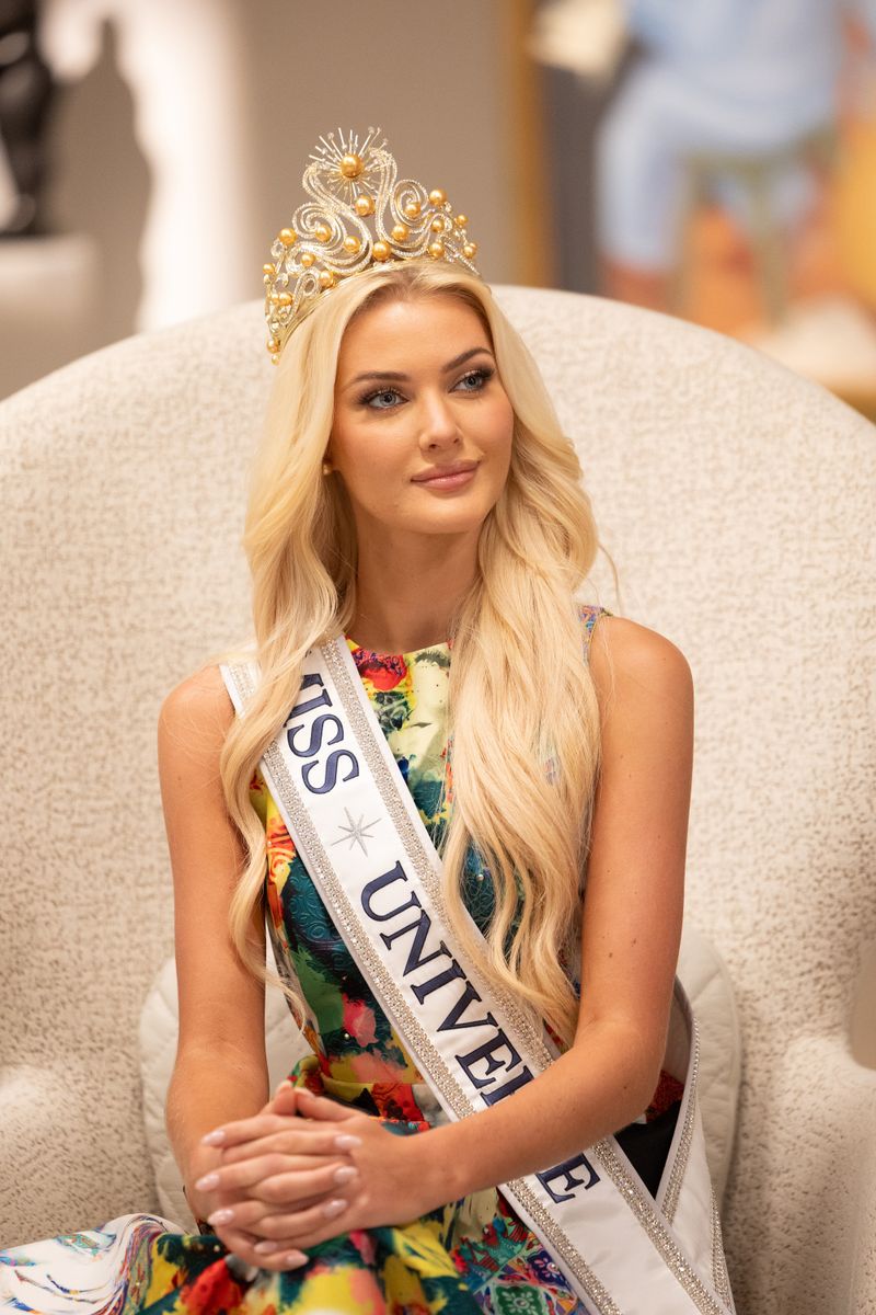 MIAMI, FLORIDA - NOVEMBER 21: Miss Universe 2024 Victoria Kjaer Theilvig poses at Gary Nader Art Centre on November 21, 2024 in Miami, Florida. (Photo by Rodrigo Varela/Getty Images)