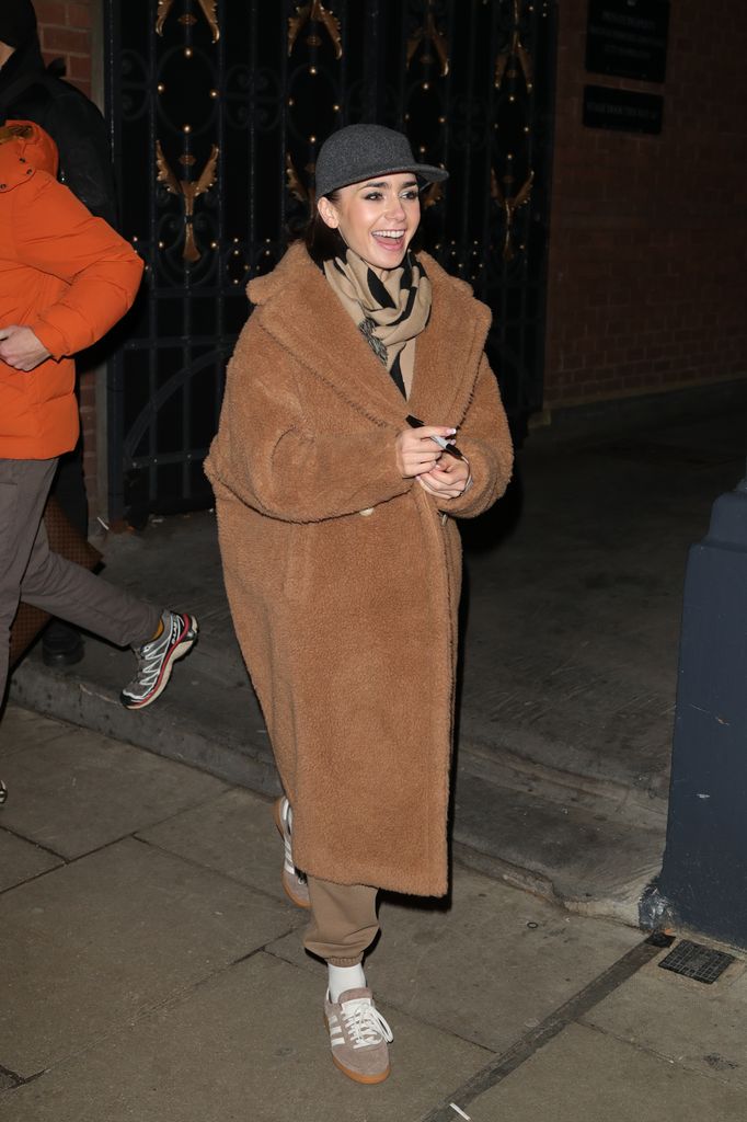 Lily Collins leaving the Duke of York theatre after starring in "Barcelona" on November 21, 2024 in London, England. (Photo by Ricky Vigil M / Justin E Palmer/GC Images)