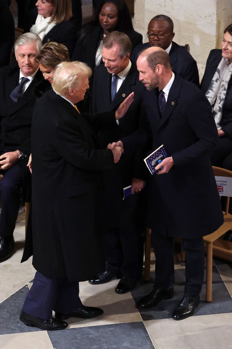 PARIS, FRANCE - DECEMBER 07: U.S. President-elect Donald Trump greets Prince William, Prince of Wales during the ceremony to mark the reopening of Notre-Dame of Paris Cathedral on December 07, 2024 in Paris, France. After five years of restoration, Notre-Dame Cathedral in Paris reopens its doors to the world in the presence of Emmanuel Macron and around fifty heads of state, including Donald Trump, invited for the occasion.  (Photo by Pascal Le Segretain/Getty Images for Notre-Dame de Paris)