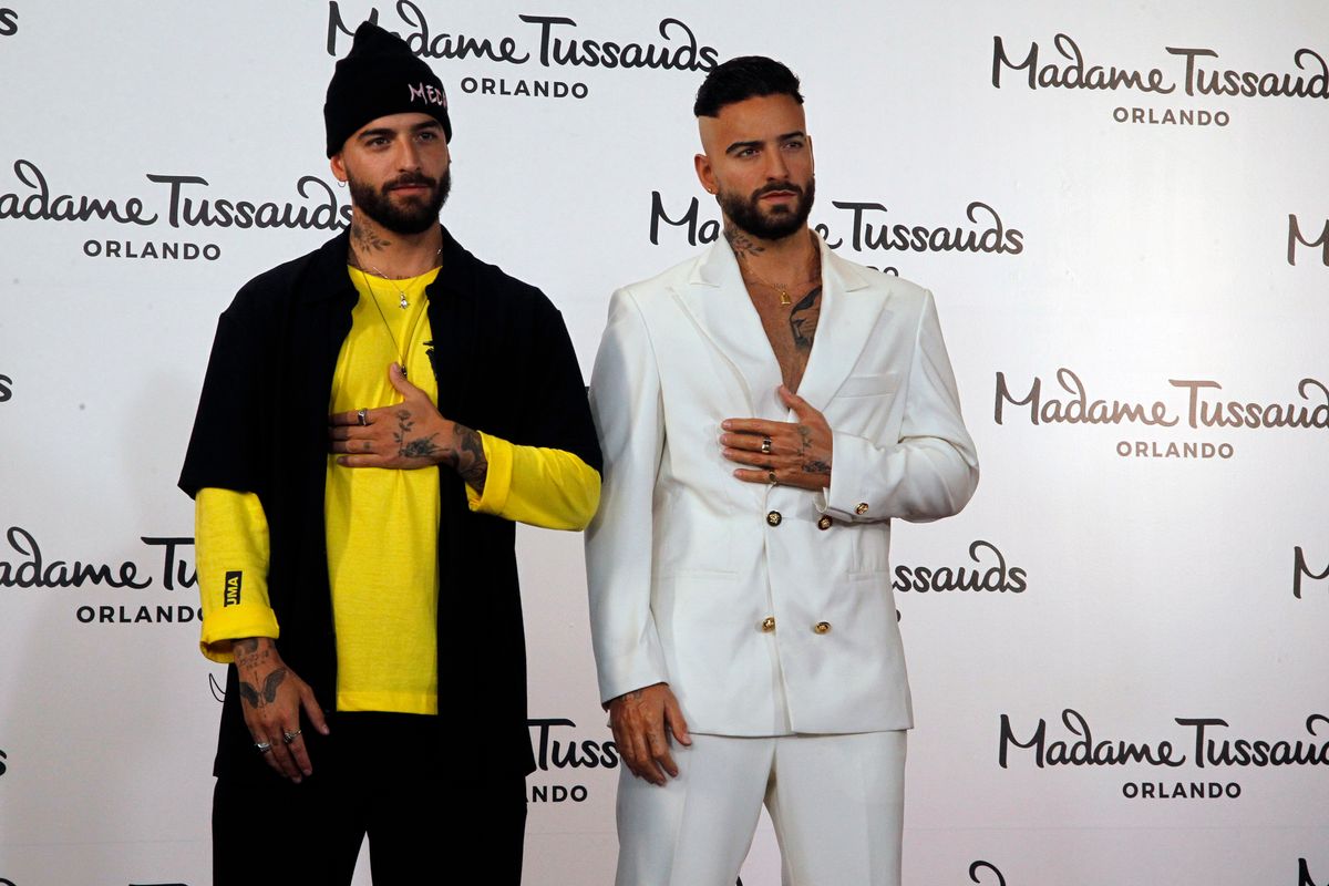 MEDELLIN, COLOMBIA - APRIL 25:  Maluma reveals wax figure for Madame Tussauds Orlando at MAMM (Medellin Museum of Modern Art) on April 25, 2022 in Medellin, Colombia. The figure will remain in Medellin for two weeks and afterwards moved to Orlando. (Photo by Fredy Builes/Getty Images)