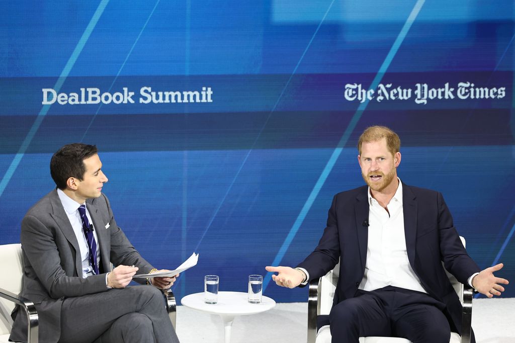 NYT Columnist Andrew Ross Sorkin and Prince Harry, The Duke of Sussex, speak during the New York Times annual DealBook summit 