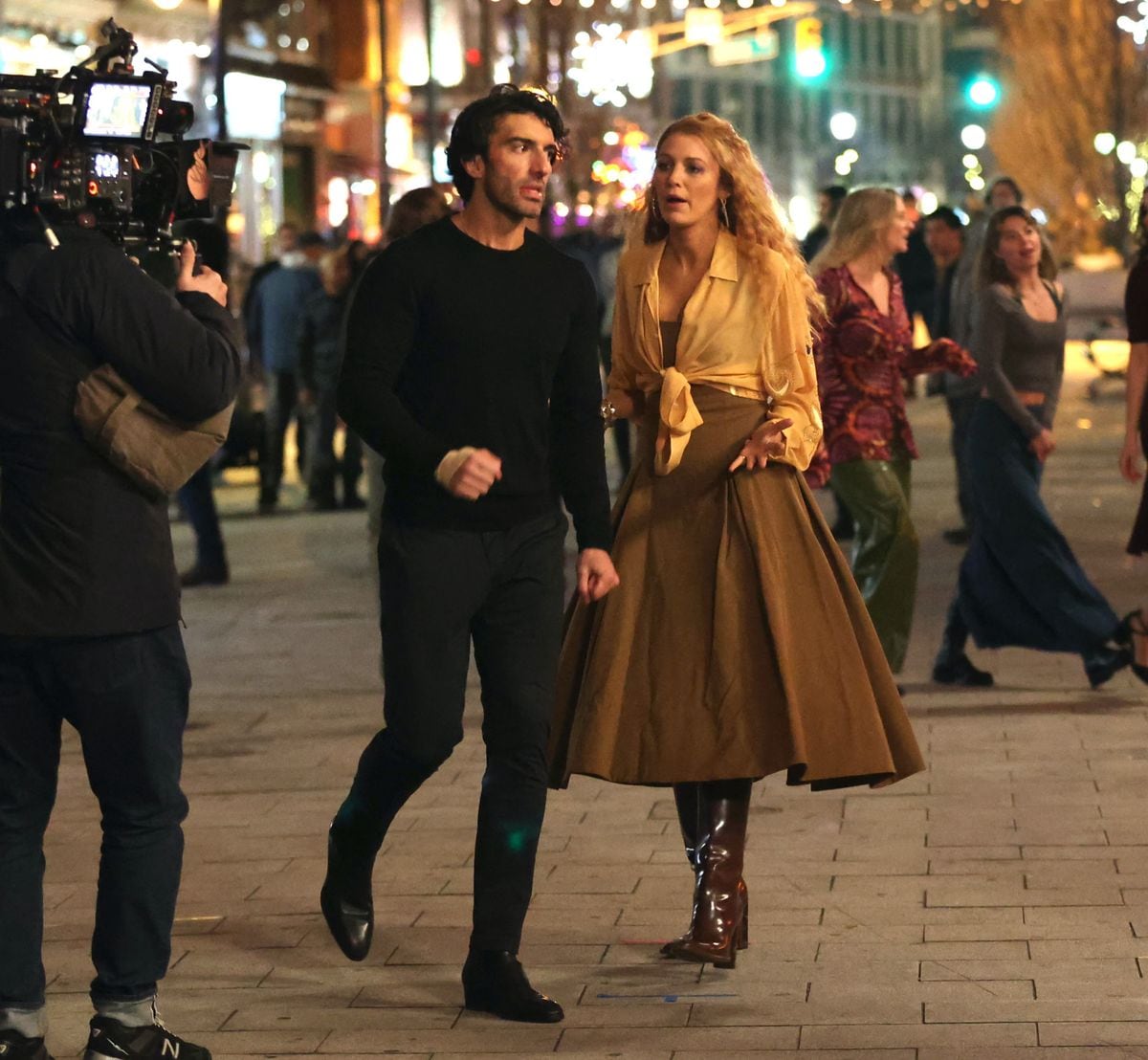 Blake Lively and Justin Baldoni are seen on the set of 'It Ends with Us' on January 12, 2024 in Jersey City, New Jersey. 