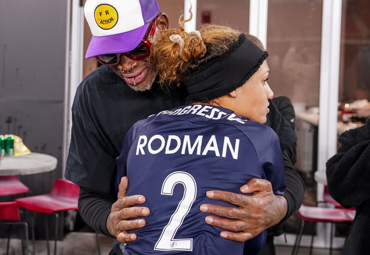 Trinity Rodman and her father after a game between North Carolina Courage and Washington Spirit at Audi Field on November 7, 2021, in Washington, DC