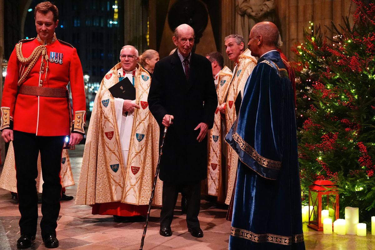 Britain's Prince Edward, Duke of Kent arrives to attend the "Together At Christmas" Carol Service" at Westminster Abbey in London on December 6, 2024. Britain's Catherine, Princess of Wales is organizing her traditional Christmas carol concert at Westminster Abbey on Friday evening, closing a painful year marked by her cancer, during which she will pay tribute to all those "who have gone through difficult times". (Photo by Aaron Chown / POOL / AFP) (Photo by AARON CHOWN/POOL/AFP via Getty Images)