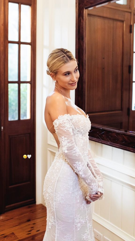 Hailey stunned in a lace Off-White dress for her wedding 