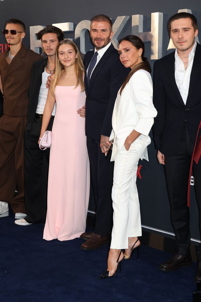 Romeo Beckham, Cruz Beckham, Harper Beckham, David Beckham, Victoria Beckham, and Brooklyn Peltz Beckham attend the Netflix 'Beckham' UK Premiere at The Curzon Mayfair