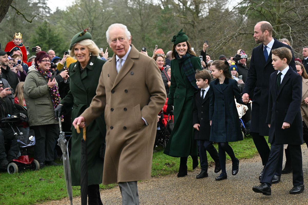 Britain's King Charles III walks with Britain's Queen Camilla, followed by Britain's Catherine, Princess of Wales, Britain's Prince Louis of Wales, Britain's Princess Charlotte of Wales, Britain's Prince William, Prince of Wales and Britain's Prince George of Wales upon arrival to attend the Royal Family's traditional Christmas Day service at St Mary Magdalene Church in Sandringham, Norfolk, eastern England, on December 25, 2024. (Photo by Oli SCARFF / AFP) (Photo by OLI SCARFF/AFP via Getty Images)