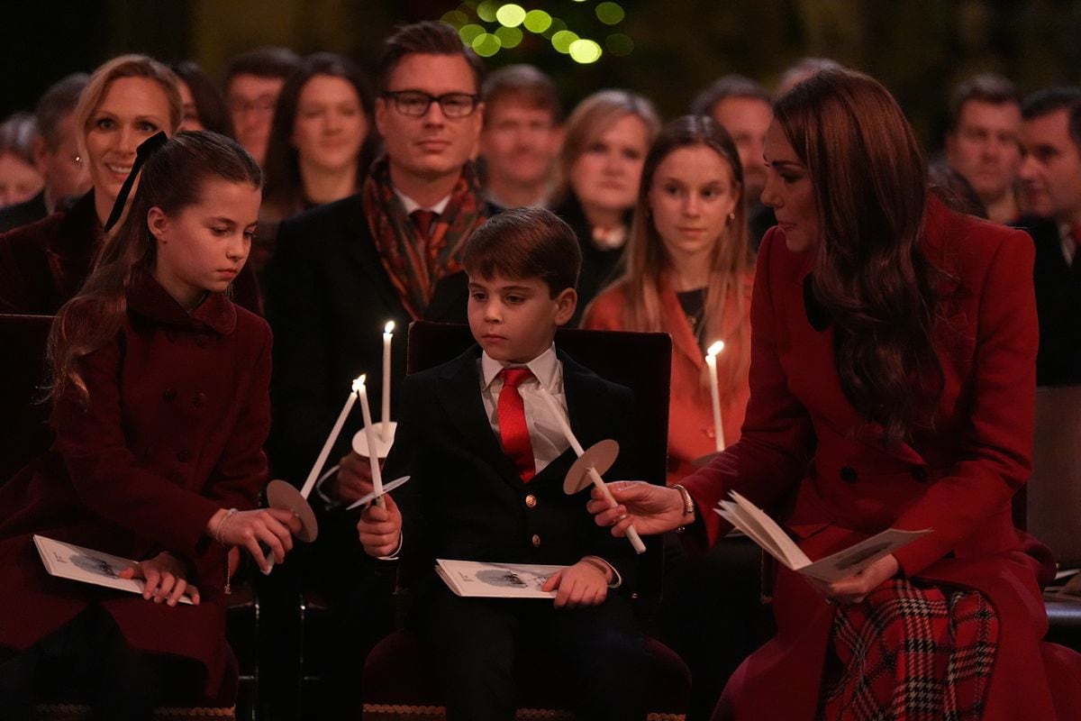 LONDON, ENGLAND - DECEMBER 6: (left to right) Princess Charlotte, Prince Louis and Catherine, Princess of Wales during the 'Together At Christmas' Carol Service at Westminster Abbey on December 6, 2024 in London, England. The Prince and Princess of Wales, along with other members of the Royal Family, attended the annual carol service. Led by The Princess and supported by The Royal Foundation, the event offered a chance to pause and reflect on the profound values of love, compassion, and the vital connections we shareâparticularly during life's most challenging moments. The service also highlighted remarkable individuals from across the UK who have demonstrated extraordinary kindness, empathy, and support within their communities. (Photo by Aaron Chown - WPA Pool/Getty Images)