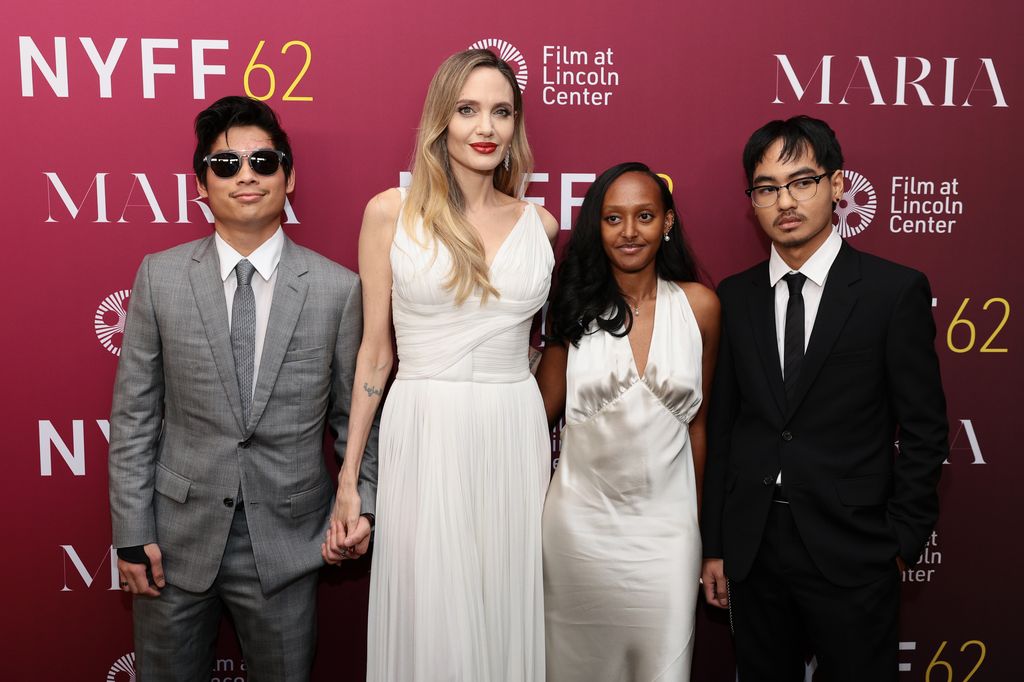 Pax Thien Jolie-Pitt, Angelina Jolie, Zahara Marley Jolie and Maddox Chivan Jolie-Pitt attend the "Maria" screening during the 62nd New York Film Festival at Alice Tully Hall, Lincoln Center on September 29, 2024 in New York City