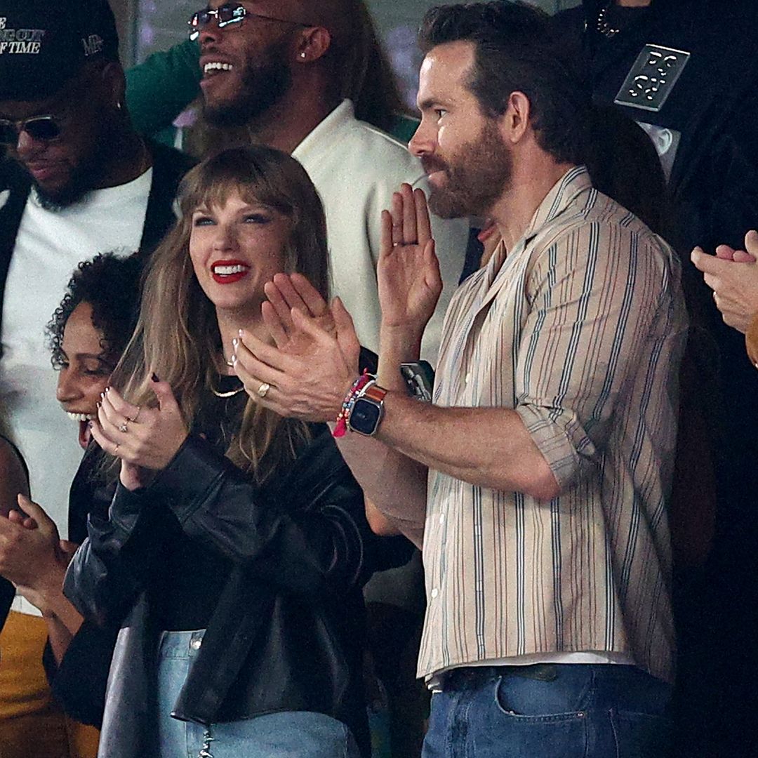 Singer Taylor Swift and Actor Ryan Reynolds cheer prior to the game between the Kansas City Chiefs and the New York Jets at MetLife Stadium on October 01, 2023 in East Rutherford, New Jersey. (Photo by Elsa/Getty Images)