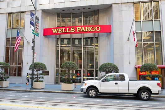 Signage with logo at headquarters of Wells Fargo Capital Finance, the commercial banking division of Wells Fargo Bank, in the Financial District neighborhood of San Francisco, California, September 26, 2016. (Photo via Smith Collection/Gado/Getty Images).