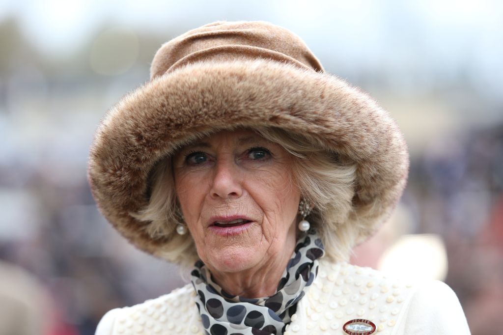 Queen Camilla l attends Ladies Day at the Cheltenham Festival at Cheltenham Racecourse on March 13, 2019 in Cheltenham, United Kingdom. 