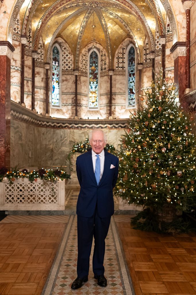 The beautiful Christmas tree behind the King has been repurposed