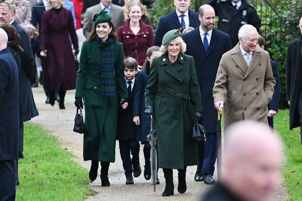 Queen Camilla, King Charles, the Princess of Wales, Prince Louis, Princess Charlotte, Prince William and Prince George on Christmas Day 