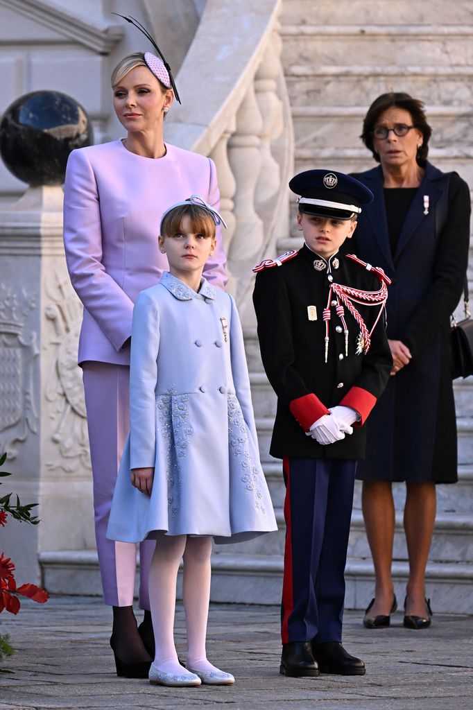 Princess Charlene of Monaco, Princess Gabriella of Monaco, Prince Jacques of Monaco and Princess Stephanie of Monaco attend the Monaco National Day celebrations in the courtyard of the Monaco palace on November 19, 2024 in Monaco, Monaco. 