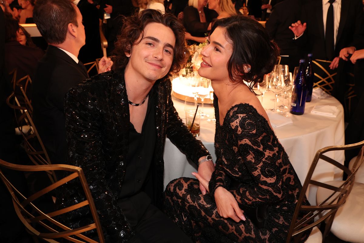 Kylie Jenner and Timothée Chalamet at the 81st Golden Globe Awards held at the Beverly Hilton Hotel on January 7, 2024, in Beverly Hills, California. 