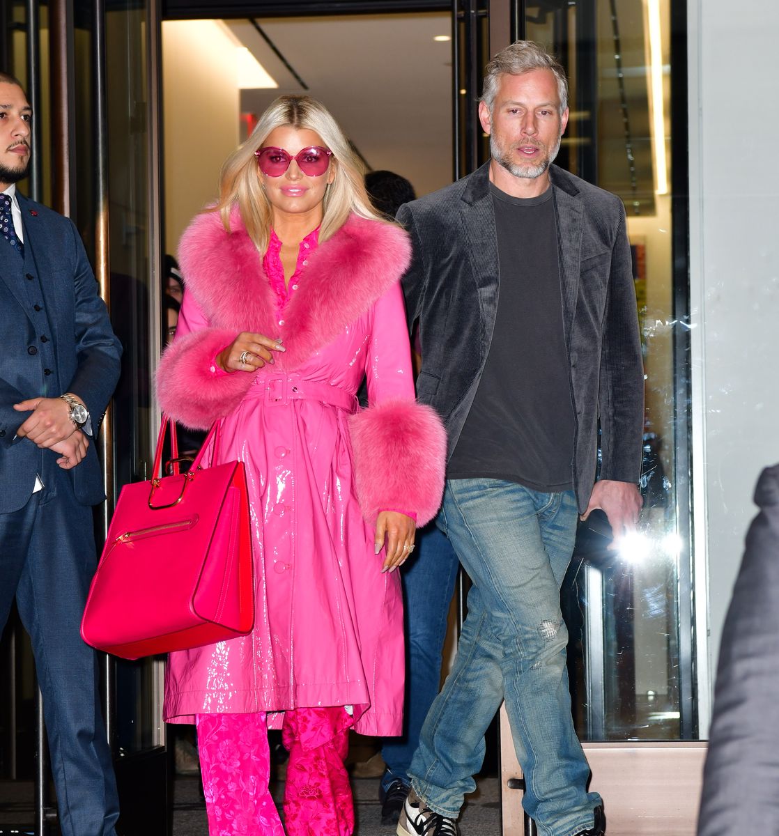 NEW YORK, NY - FEBRUARY 04:  Jessica Simpson and Eric Johnson leave BuzzFeed on February 4, 2020 in New York City.  (Photo by James Devaney/GC Images)