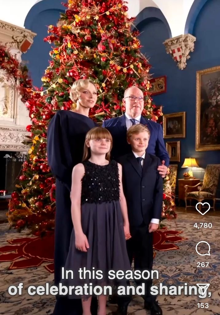 The Monaco Royal Family standing in front of a Christmas tree