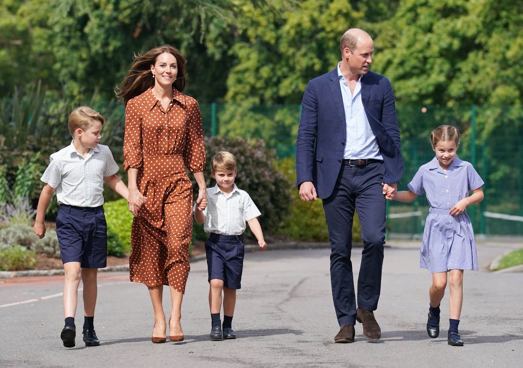 The Princess and Princess of Wales walking Prince George, Princess Charlotte and Prince Louis to school