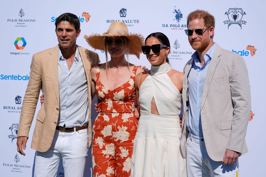 Prince Harry and Meghan Markle pose for photos with Argentine professional polo player Ignacio "Nacho" Figueras, and his wife Delfina Blaquier 