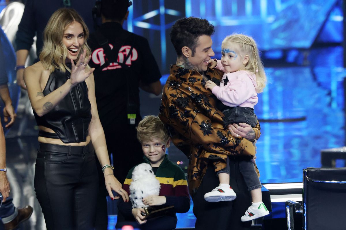 Chiara Ferragni, Fedez along with their daughter Victoria and their son Leone attend the X Factor live tv show on November 16, 2023 in Milan, Italy. 