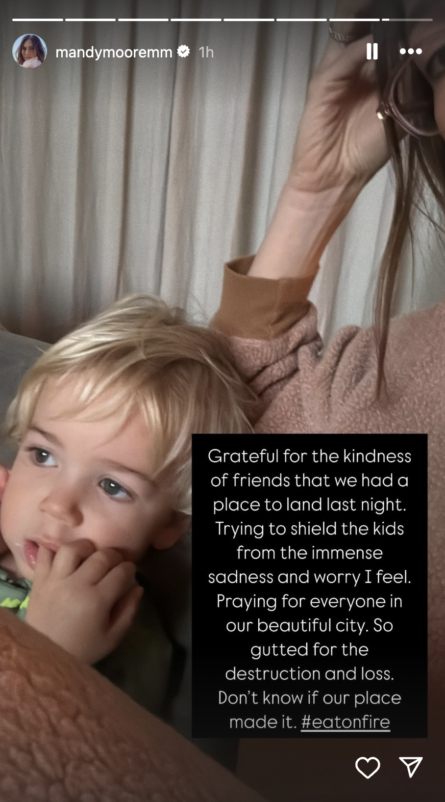 A message and photo, including her child, from Mandy Moore via Instagram.