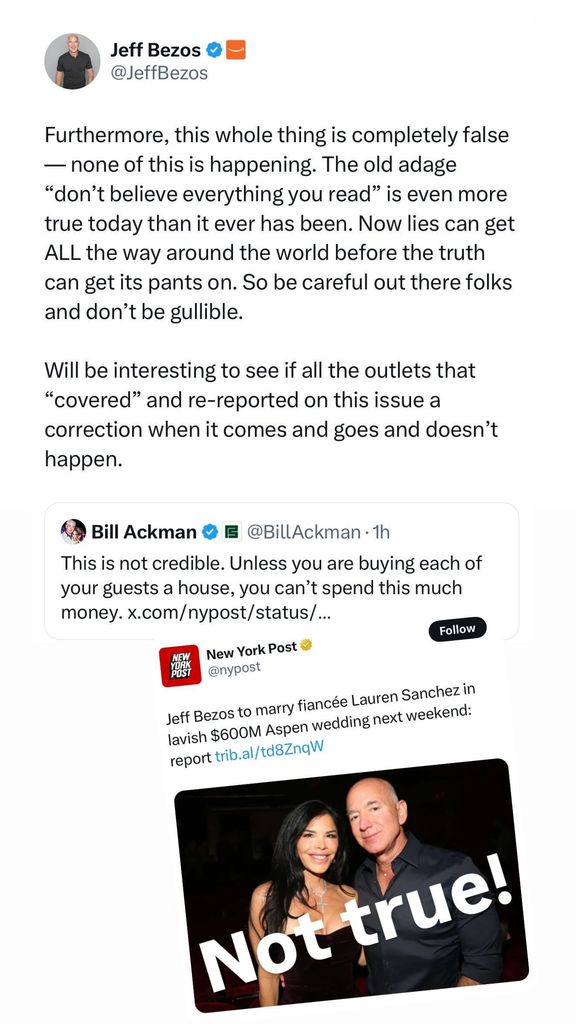 Lauren Sanchez responds to a report on her wedding to fiancé Jeff Bezos, shared on Instagram Stories