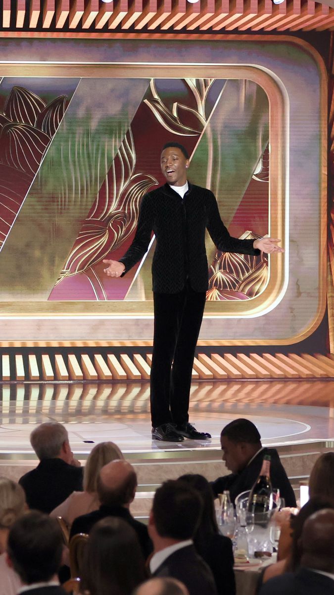 BEVERLY HILLS, CALIFORNIA - JANUARY 10: 80th Annual GOLDEN GLOBE AWARDS -- Pictured: Host Jerrod Carmichael speaks onstage at the 80th Annual Golden Globe Awards held at the Beverly Hilton Hotel on January 10, 2023 in Beverly Hills, California. -- (Photo by Rich Polk/NBC via Getty Images)