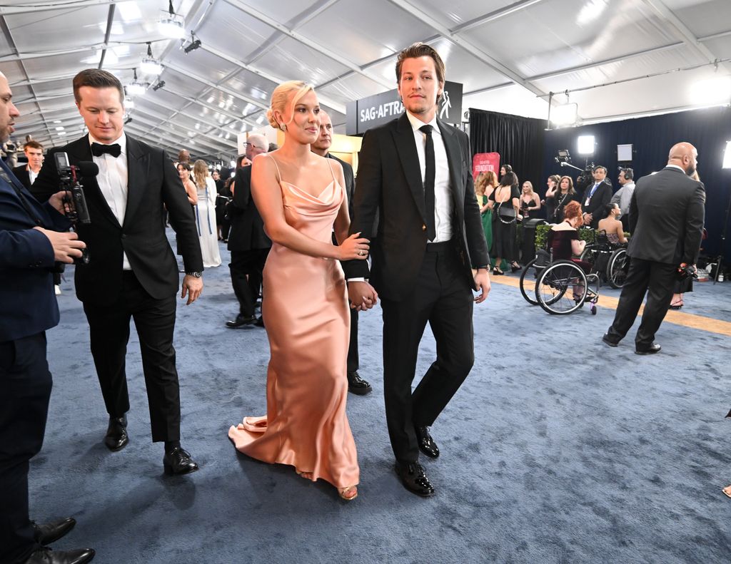 Millie Bobby Brown, Jake Bongiovi at the 31st Screen Actors Guild Awards held at Shrine Auditorium and Expo Hall on February 23, 2025 in Los Angeles, California