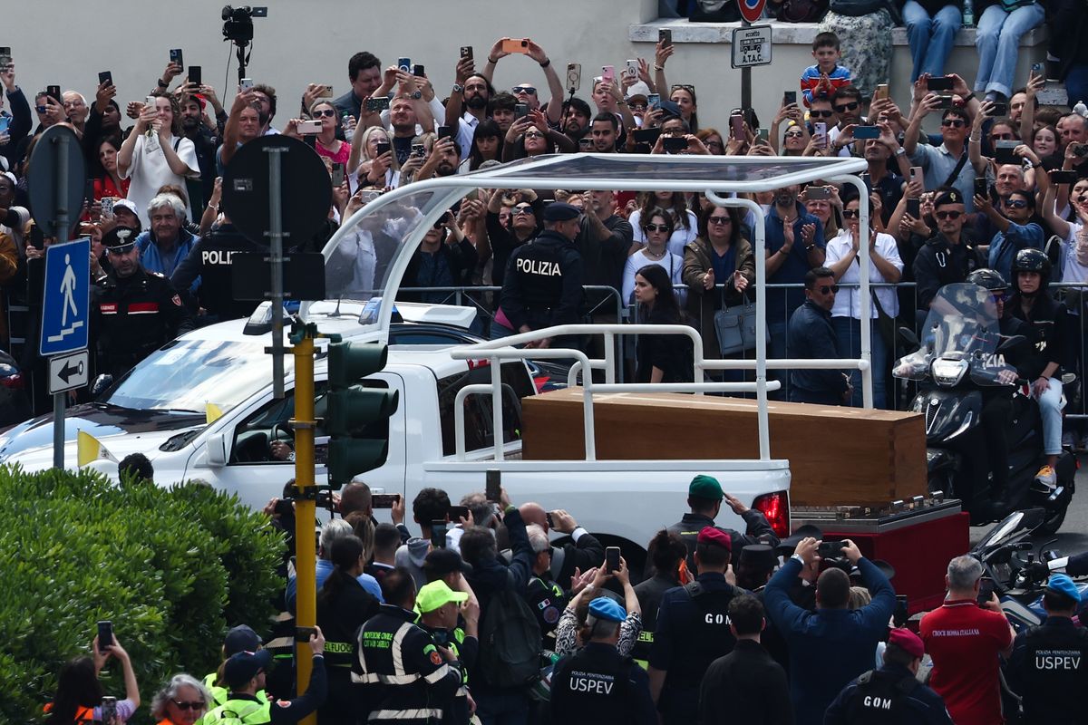 Pope Francis coffin on Papamobile during the funeral ceremony of Pope Francis at Saint Peter's Square in Vatican on April 26, 2025. 