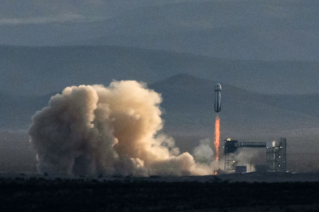 Blue Origin's New Shepard rocket carrying astronauts Aisha Bowe, Amanda Nguyn, Kerianne Flynn, Gayle King, Katy Perry, and Lauren Sanchez lifts off from Launch Site One on April 14, 2025 