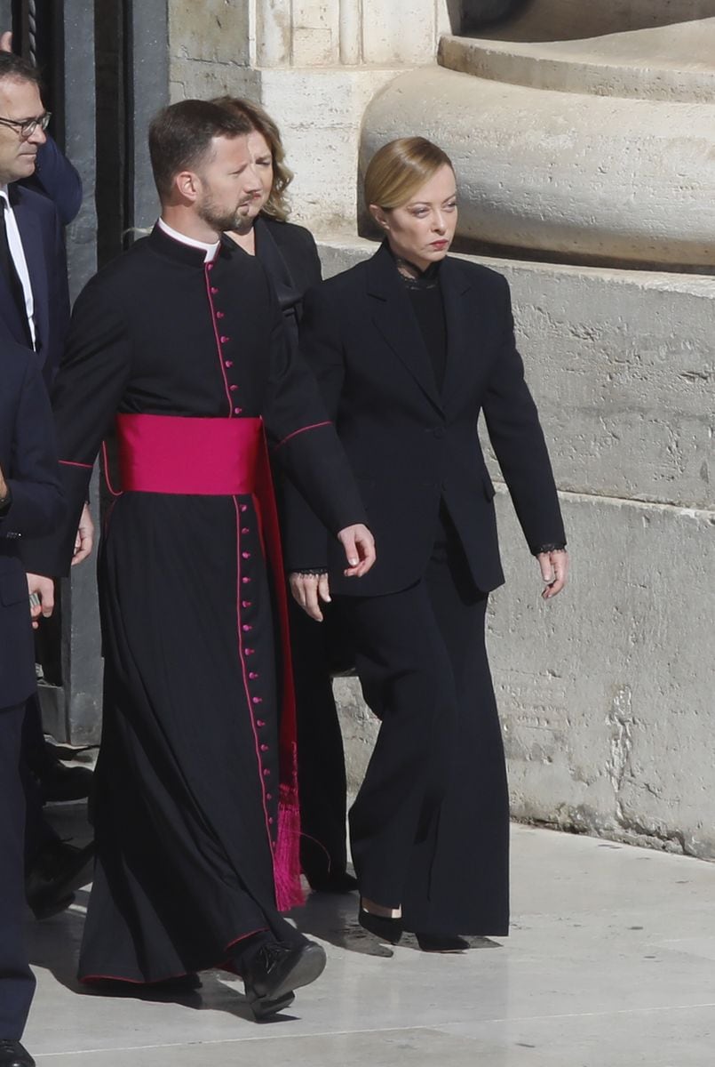 Italy's Prime Minister Giorgia Meloni arrives for late Pope Francis' funeral ceremony at St Peter's Square at the Vatican.