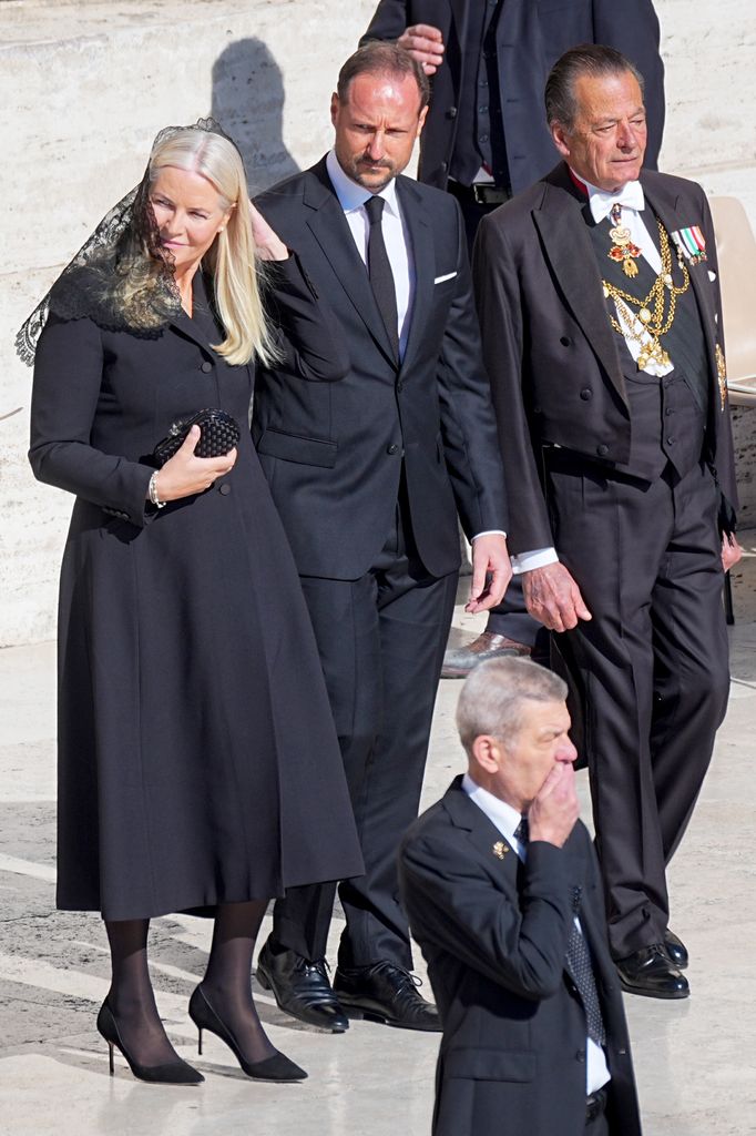 Crown Prince Haakon of Norway and Mette-Marit, Crown Princess of Norway, attend the funeral mass for the late Pope Francis in St. Peter's Square