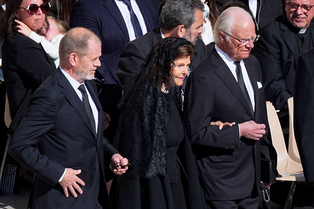  King Carl XVI Gustaf of Sweden and Queen Silvia of Sweden attend the funeral mass for the late Pope Francis in St. Peter's Square